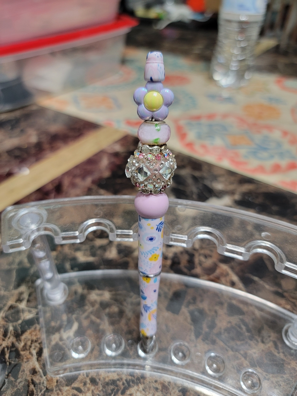 Pink Floral Beaded Pen - Cute Flower Top - Picture 3 of 3